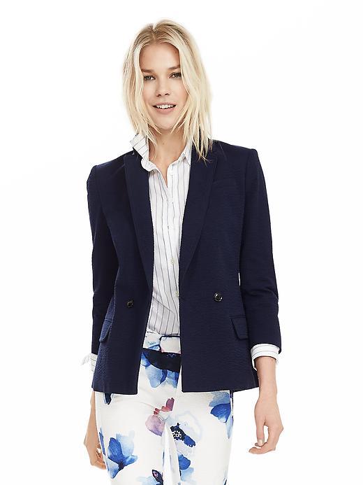 Banana Republic Seersucker Double Breasted Blazer Size 0 Petite - Preppy Navy