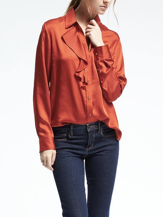 Banana Republic Womens Dillon Fit Ruffle Front Shirt - Amber Rust