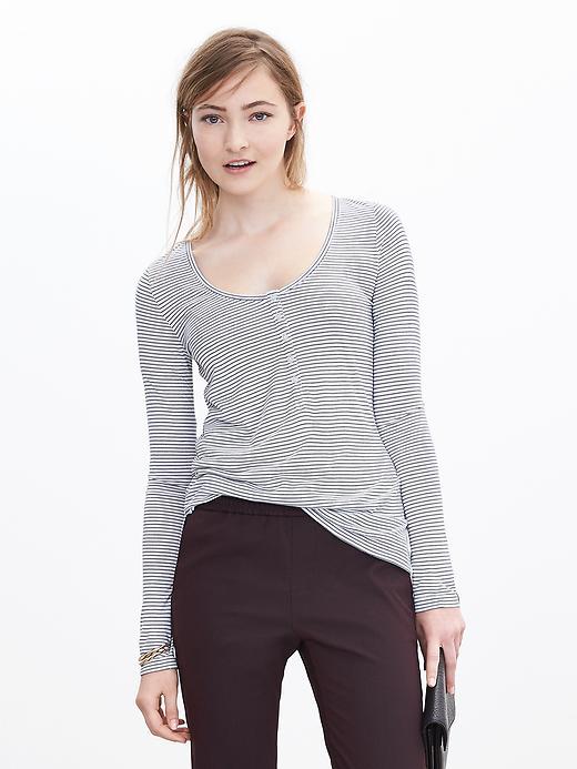 Banana Republic Womens Micro Stripe Modal Henley Tee Size L - White