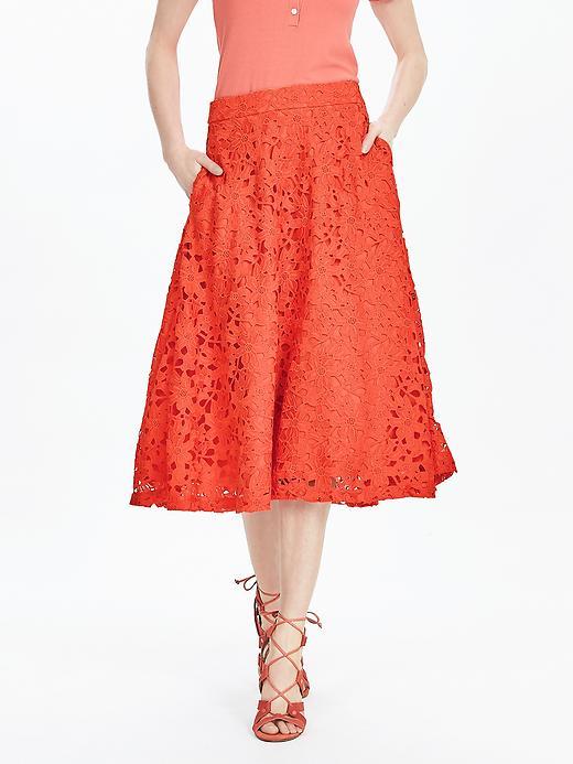 Banana Republic Womens Red Lace Midi Skirt Size 0 Petite - Geo Red