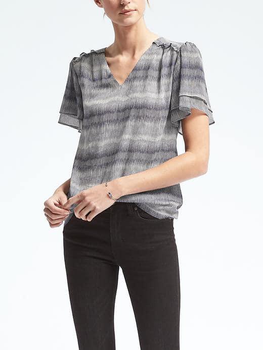 Banana Republic Womens Easy Care Stripe Ruched Yoke Top - Navy