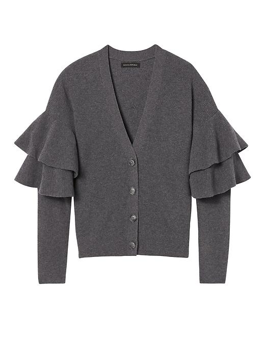 Banana Republic Womens Italian Superloft Ruffle-sleeve Cardigan Heather Charcoal Size Xl