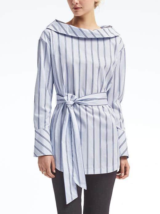 Banana Republic Womens Button Back Belted Shirt - Light Blue Stripe