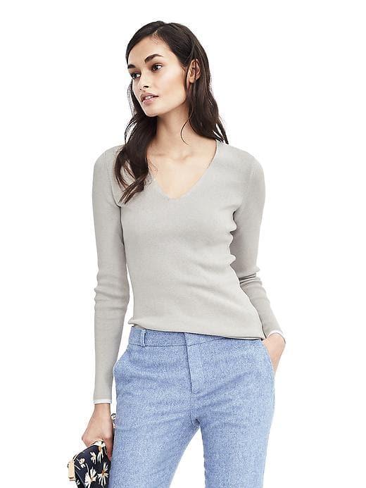 Banana Republic Womens Italian Silk Cotton Ribbed Vee Pullover - Light Gray