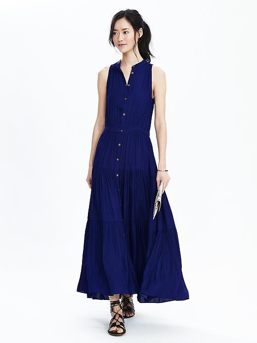 Banana Republic Womens Tiered Sleeveless Maxi Dress Size 0 Petite - Stowaway Blue