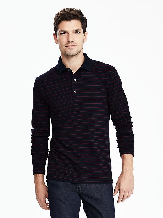 Banana Republic Mens Long Sleeve Stripe Pique Polo Size L Tall - Preppy Navy