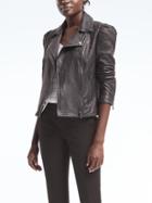 Banana Republic Womens Puff-sleeve Leather Moto Jacket Pacific Navy Size Xs