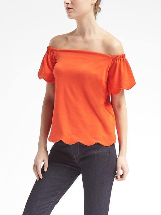 Banana Republic Womens Off Shoulder Scallop Trim Top - Geo Red