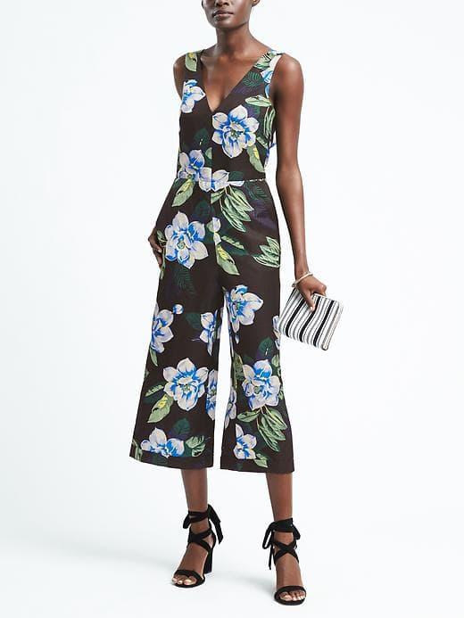 Banana Republic Womens Floral V Neck Crop Jumpsuit - Black Floral