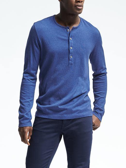 Banana Republic Mens Long Sleeve Henley Crew - Blue Dusk