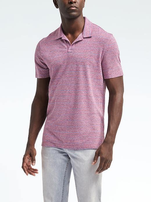 Banana Republic Mens Slim Pique Cotton Linen Stripe Polo - Fire Brick