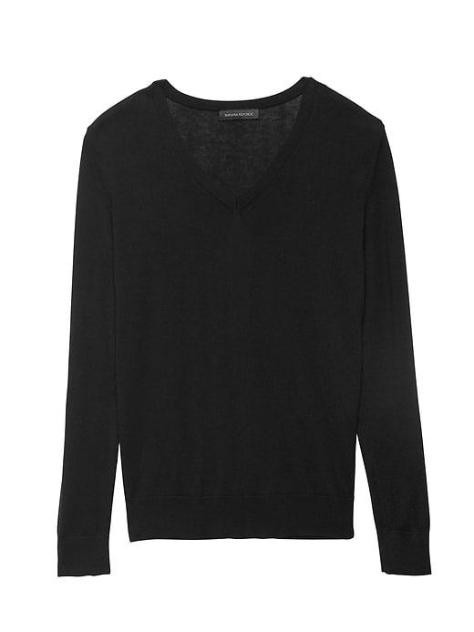 Banana Republic Womens Petite Silk Cotton Boyfriend V-neck Sweater Black Size M
