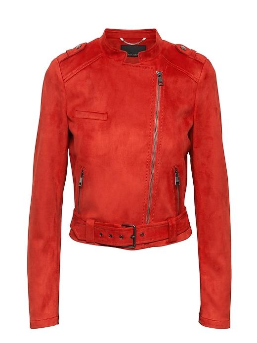 Banana Republic Womens Petite Vegan Stretch-suede Moto Jacket Geo Red Size S