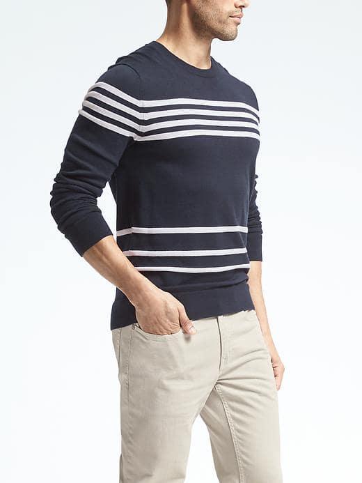 Banana Republic Mens Textured Stripe Supima Cotton Crew Pullover - Navy