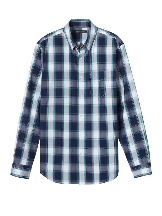 Banana Republic Mens Camden Standard-fit 100% Cotton Plaid Oxford Shirt Coastal Green Size Xs
