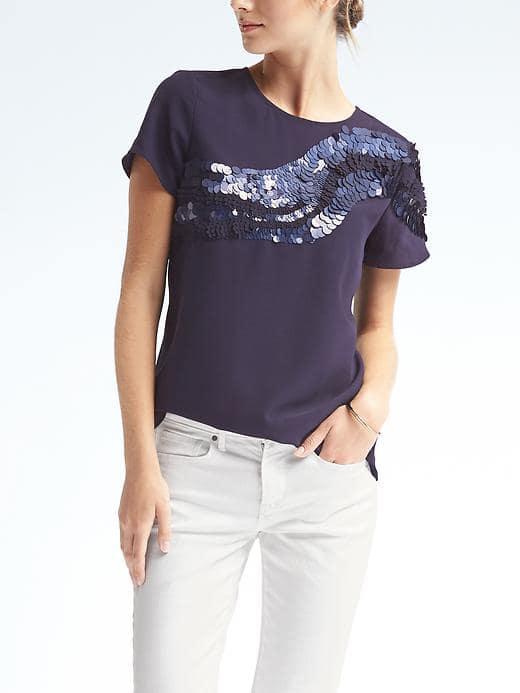 Banana Republic Womens Embellished Crew Neck Top - Night