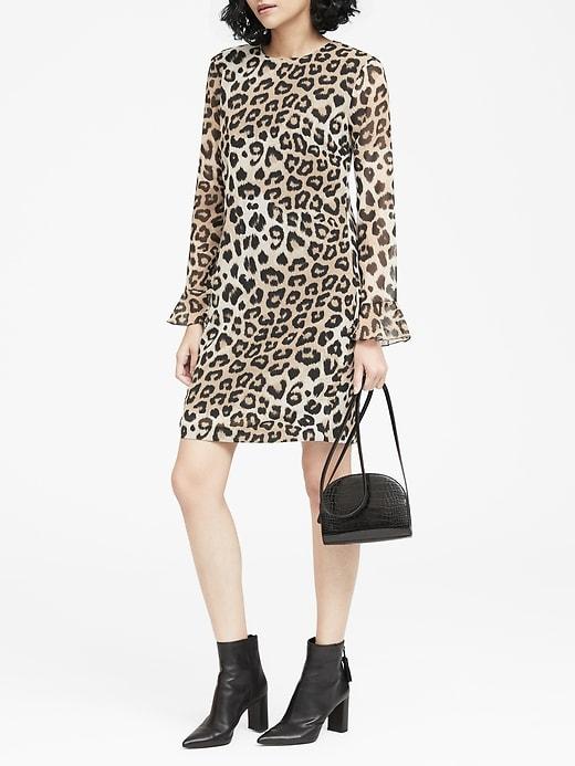 Banana Republic Womens Petite Leopard Print Ruffle-cuff Shift Dress Leopard Print Size 2