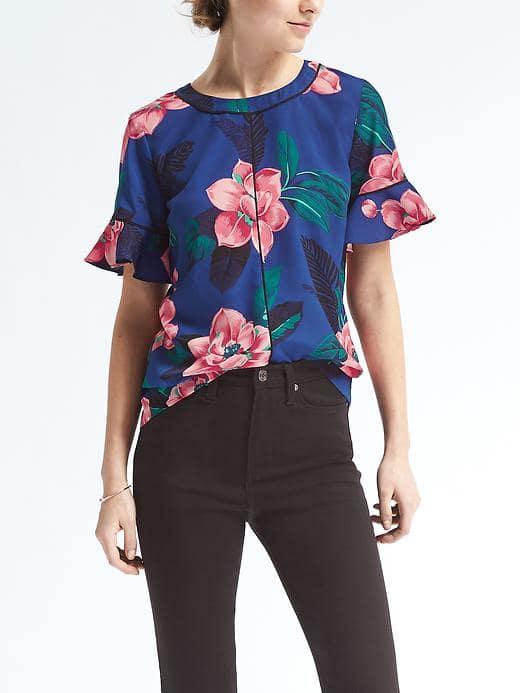 Banana Republic Easy Care Floral Flutter Sleeve Top - Blue Floral