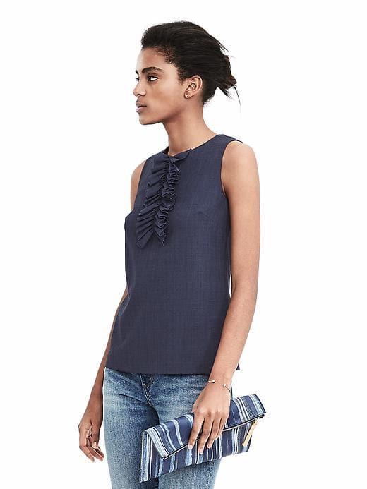 Banana Republic Womens Ruffle Pleated Lightweight Wool Top - Navy