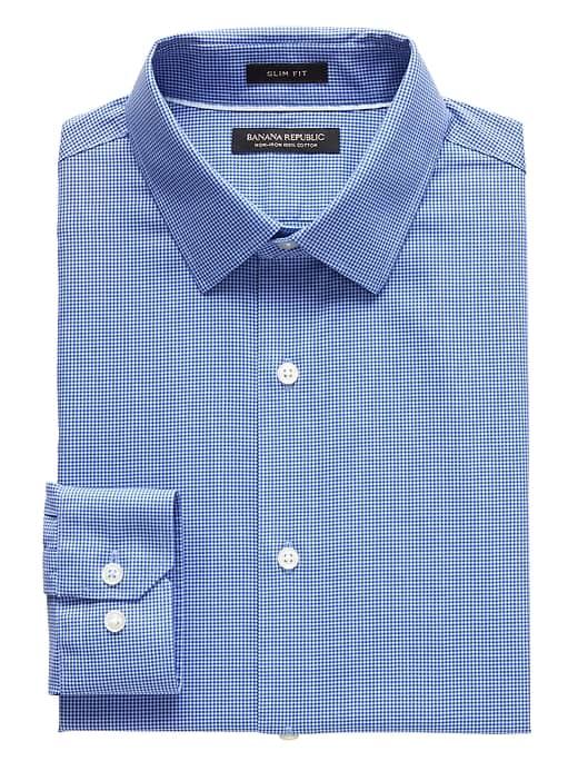 Banana Republic Mens Grant Slim-fit Non-iron Gingham Dress Shirt Marfa Blue Size S