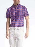 Banana Republic Mens Grant Fit Custom Wash Plaid Short Sleeve Shirt - Red