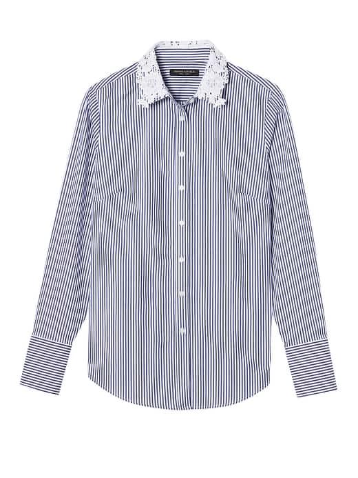 Banana Republic Womens Riley-fit Lace-collar Shirt Bold Blue Stripe Size 12