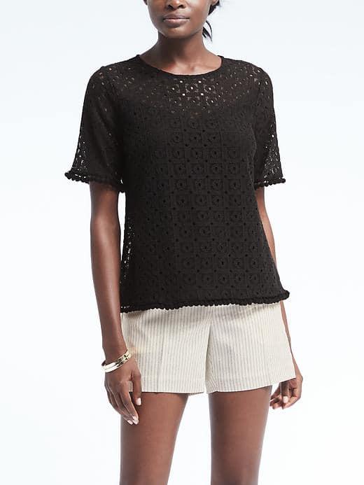 Banana Republic Womens Pom Pom Lace Top - Black