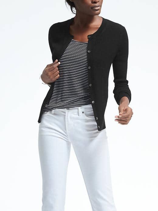 Banana Republic Womens Merino Ribbed Pointelle Cardigan - Black