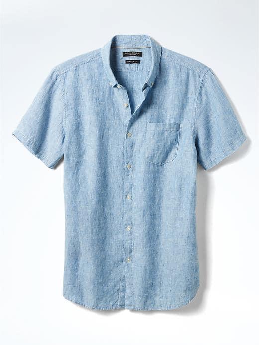 Banana Republic Mens Camden Fit Micro Stripe Linen Short Sleeve Shirt - Blue