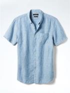 Banana Republic Mens Camden Fit Micro Stripe Linen Short Sleeve Shirt - Blue