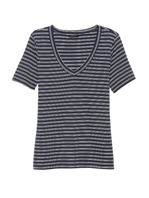 Banana Republic Womens Supima Cotton Pocket V-neck T-shirt Blue Stripe Size L