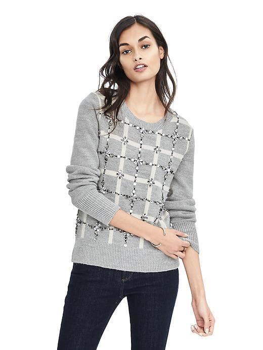 Banana Republic Womens Plaid Embellished Pullover - Light Gray