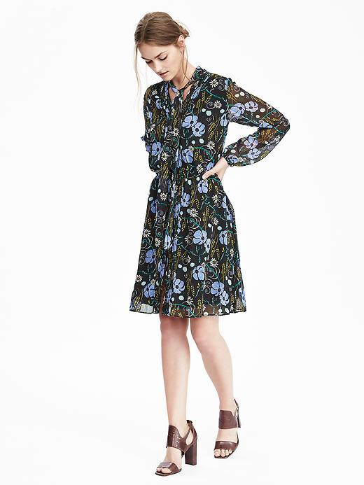 Banana Republic Womens Floral Tie Neck Dress Size L Petite - Moonless Night