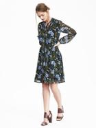 Banana Republic Womens Floral Tie Neck Dress Size L Petite - Moonless Night