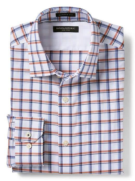 Banana Republic Mens Camden Fit Non Iron Windowpane Print Shirt - Autumn Orange