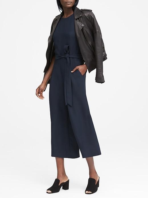 Banana Republic Womens Solid Cropped Wide-leg Jumpsuit Navy Blue Size 8