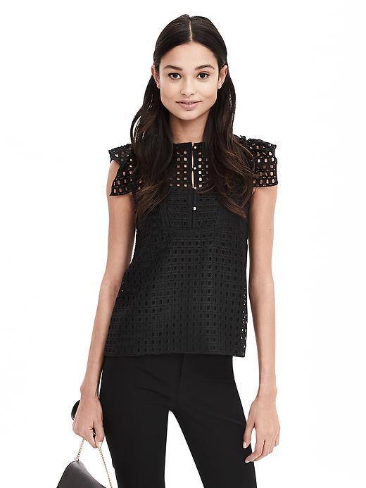 Banana Republic Geo Lace Ruffle Top Size L - Black