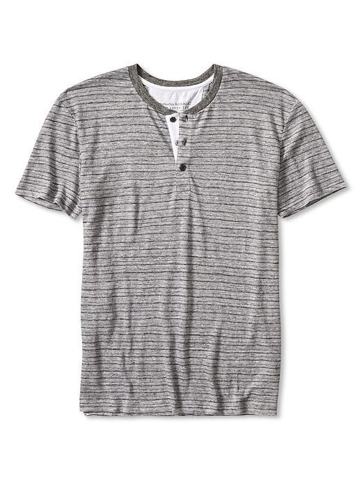Banana Republic Mens Stripe Linen Henley Size L Tall - Medium Gray Heather