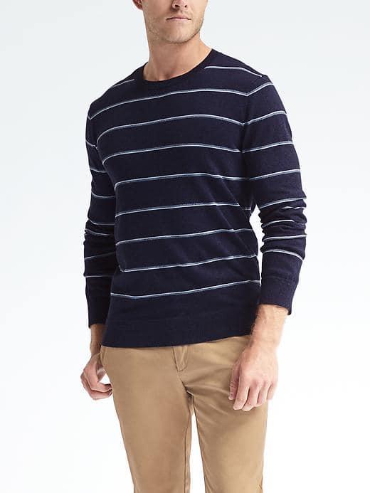 Banana Republic Mens Stripe Silk Cotton Cashmere Crew Pullover - Navy Star