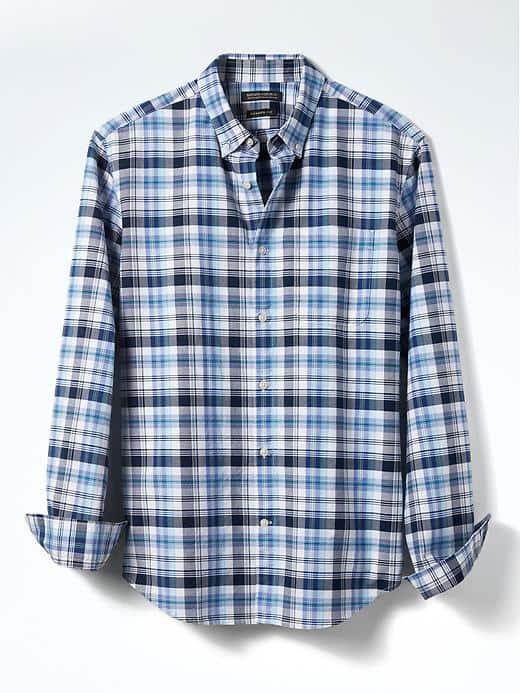 Banana Republic Grant Fit Plaid Cotton Stretch Oxford Shirt - District Green