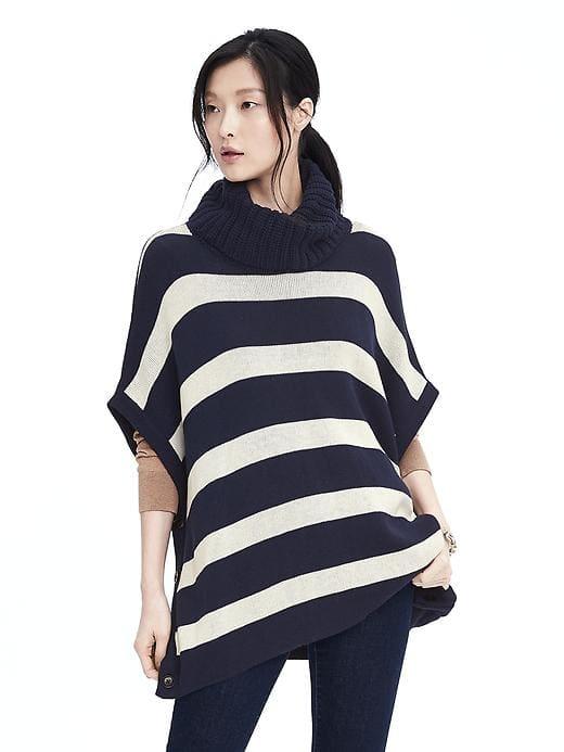 Banana Republic Womens Stripe Turtleneck Poncho - Navy