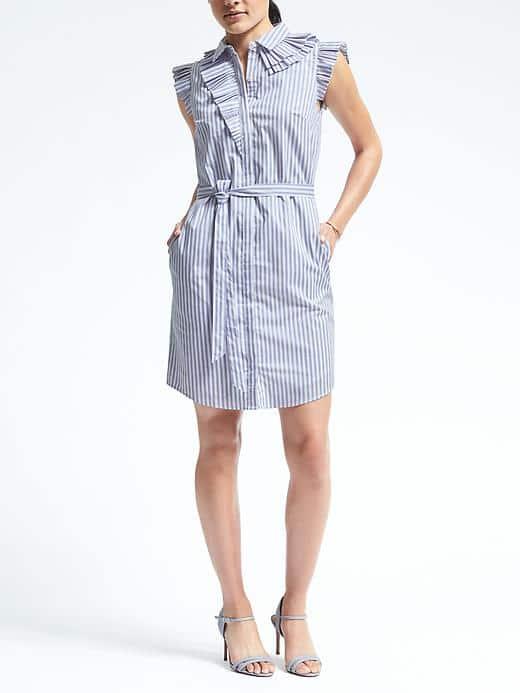 Banana Republic Womens Ruffle Neck Stripe Poplin Shirtdress - Blue Stripe