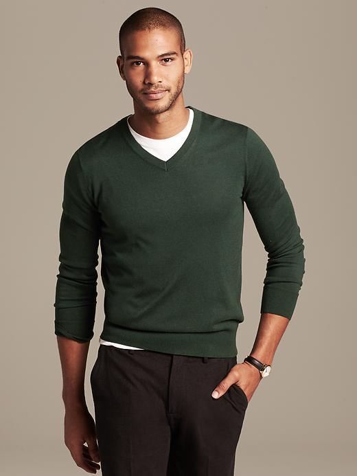 Banana Republic Mens Silk Cotton Cashmere Vee Pullover Size M - Dark Green Heather