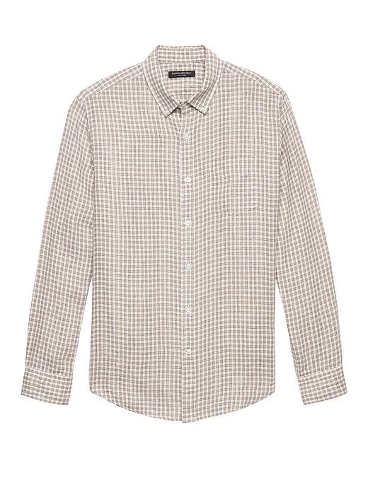 Banana Republic Mens Camden Standard-fit Gingham Linen Shirt Gray Size L