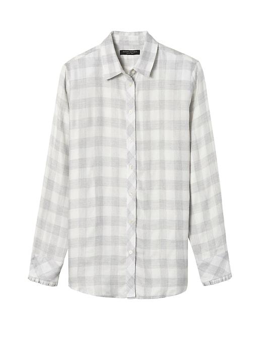 Banana Republic Womens Dillon-fit Plaid Ruffle-cuff Flannel Shirt Heather Light Gray Size Xl
