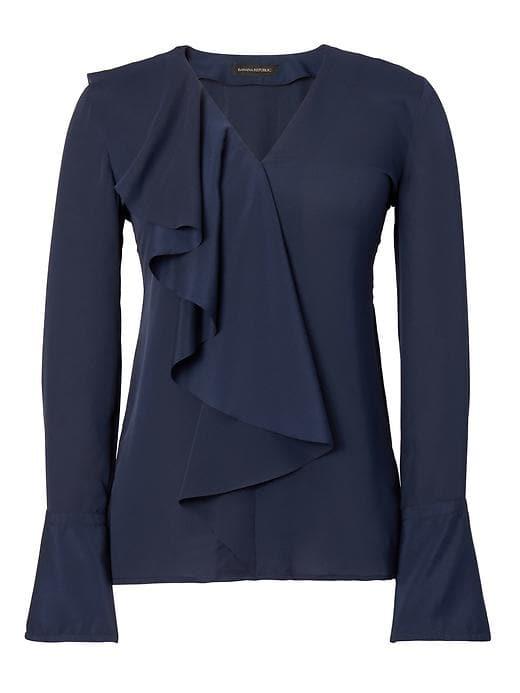 Banana Republic Womens Long Sleeve Cascade Ruffle Top - Navy