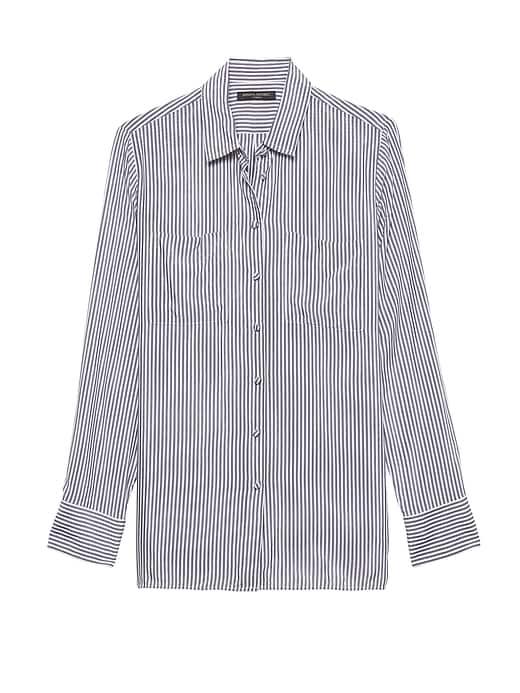 Banana Republic Womens Petite Parker Tunic-fit Stripe Shirt Navy Size M