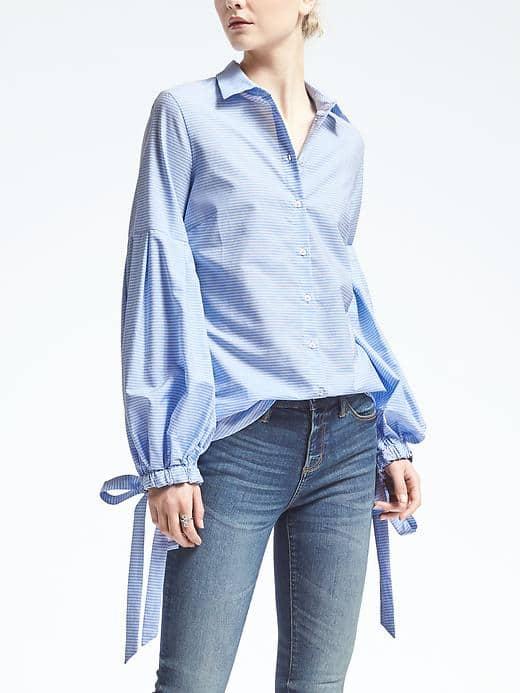 Banana Republic Womens Pleated Bell Sleeve Shirt - Light Blue