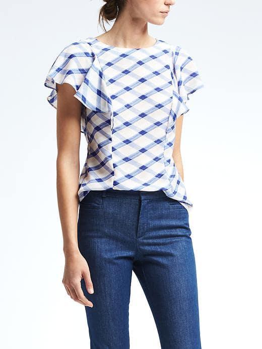 Banana Republic Flutter Sleeve Plaid Vee Back Top - Wild Lavender