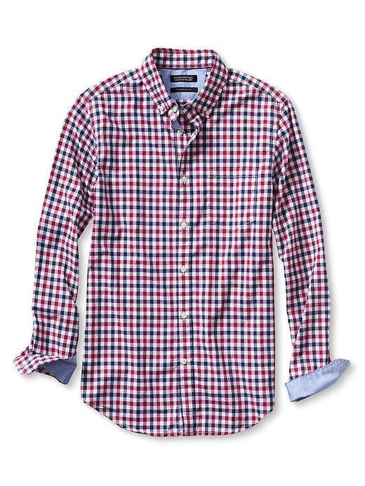 Banana Republic Tailored Slim Fit Custom 078 Wash Tri Gingham Shirt Size L Tall - Classic Burgundy